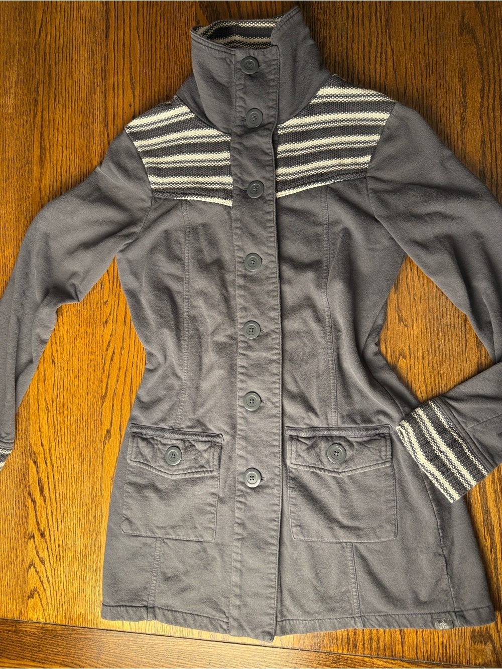 Funnel Neck Sweatshirt Coat prAna Small Gray Striped Knit Trim 100% Cotton